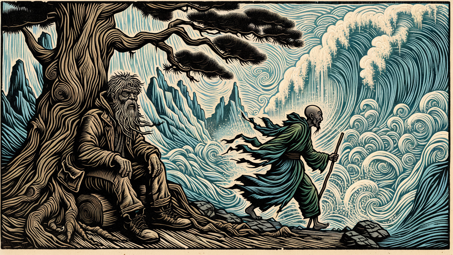 Old Man Under Tree with Gnarled Roots and Wandering Figure