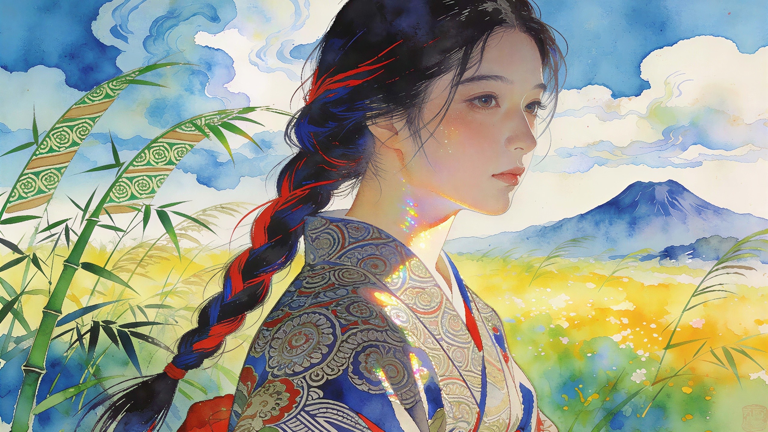 Watercolor Painting of Japanese Woman in Kimono