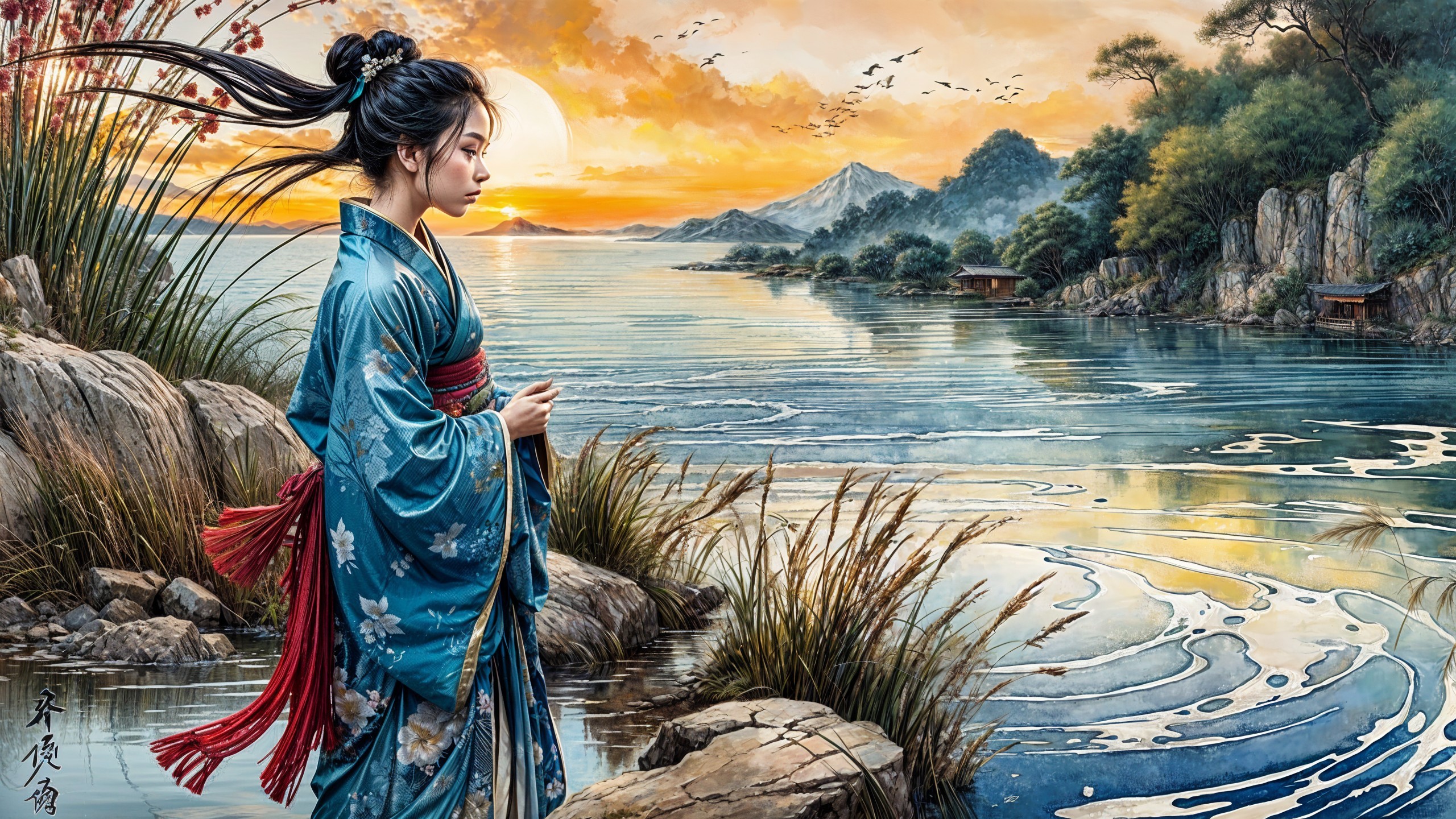 Serene Landscape with Girl in Kimono by Tranquil River