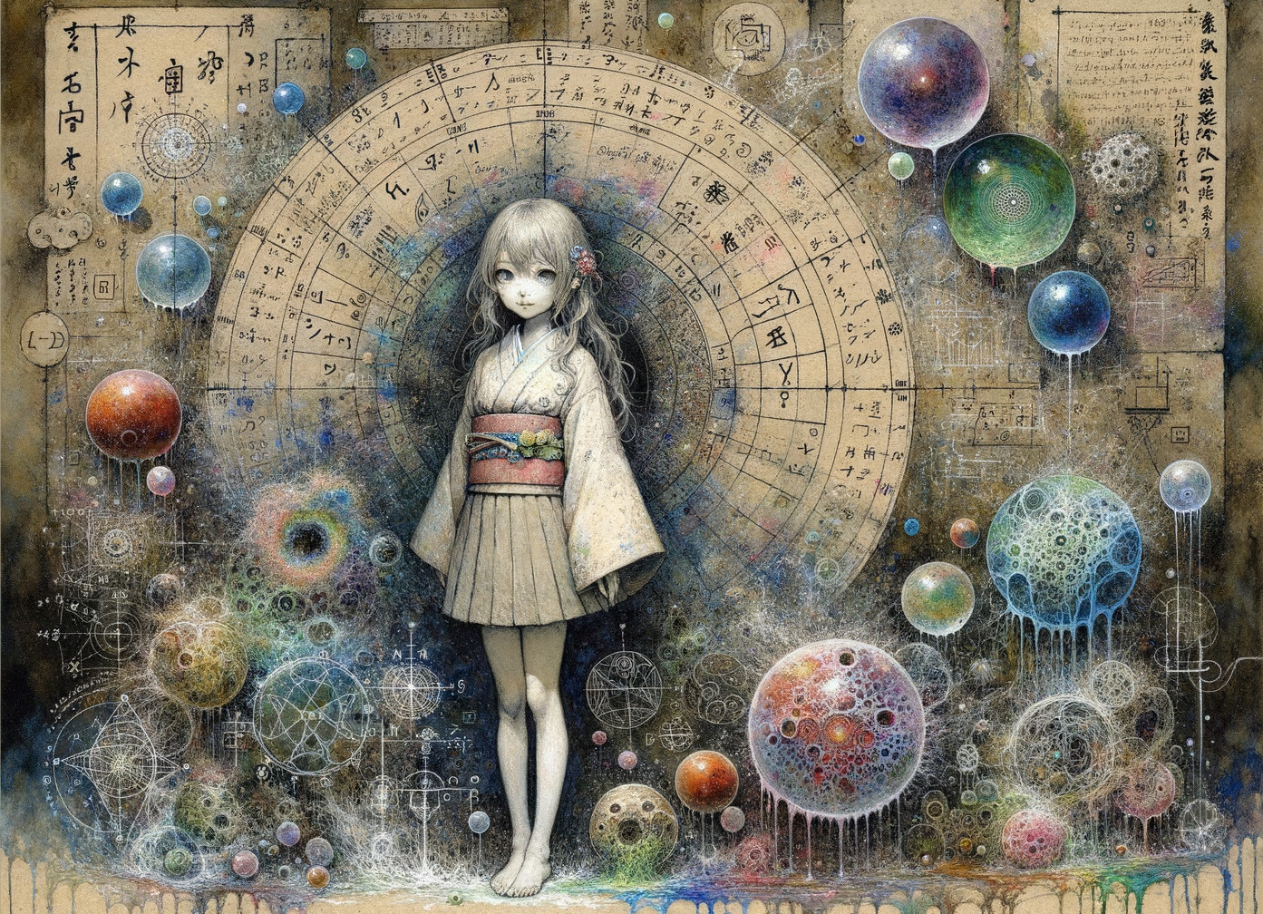Young girl in kimono with cosmic backdrop and symbols