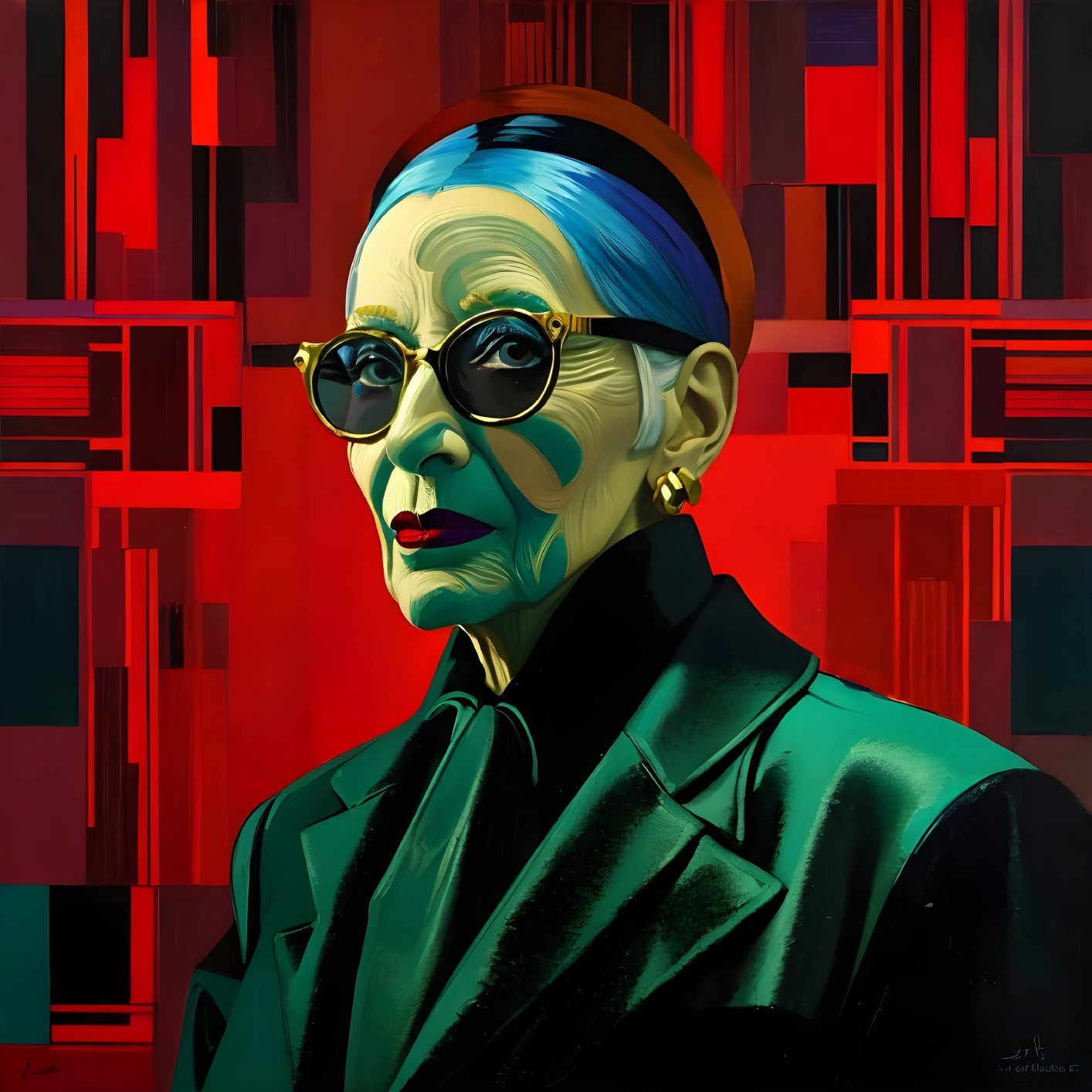 Elderly Woman with Blue Hair and Bold Sunglasses