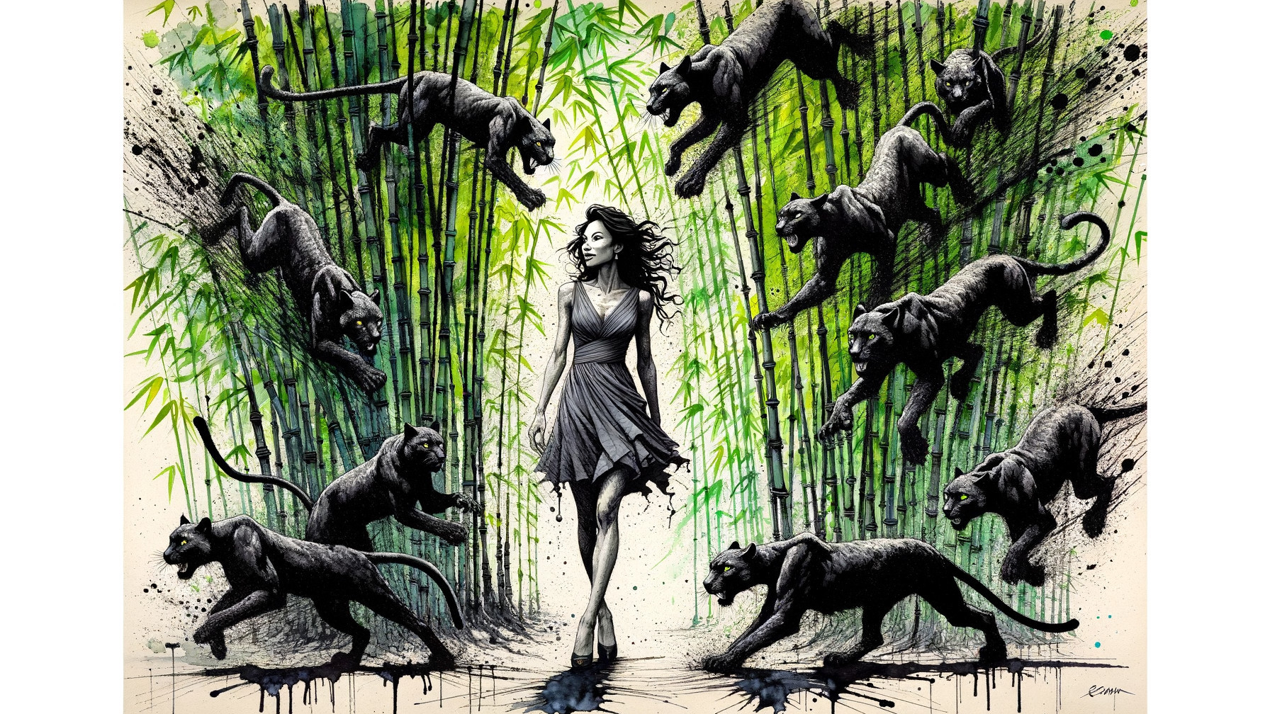 Woman in Flowing Dress with Black Panthers in Bamboo