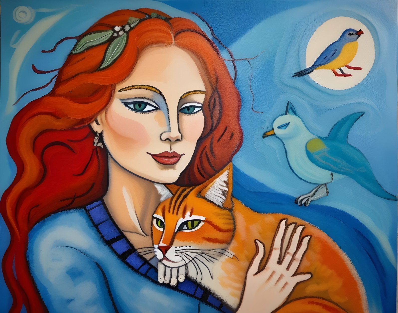 Woman with Red Hair and Cat in Vibrant Scene