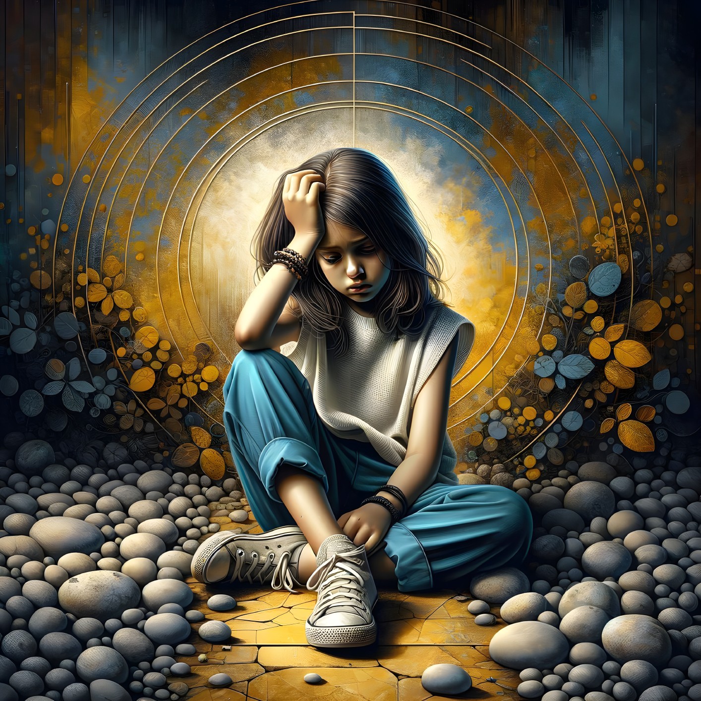 Thoughtful Young Girl on Textured Stone Ground