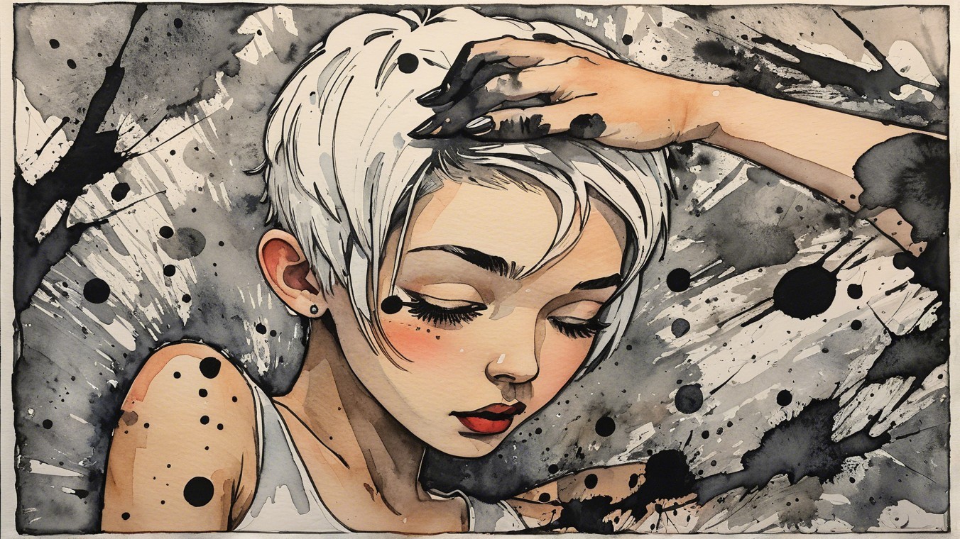 Young Woman with Short Hair and Ink Splash Background