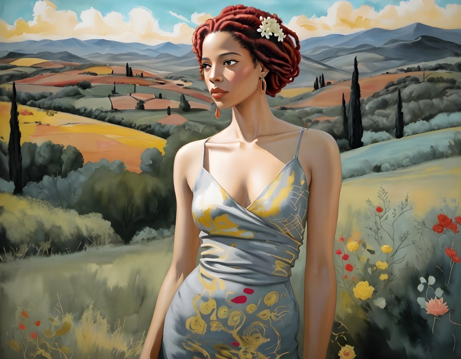 Woman in Floral Dress Against Lush Landscape