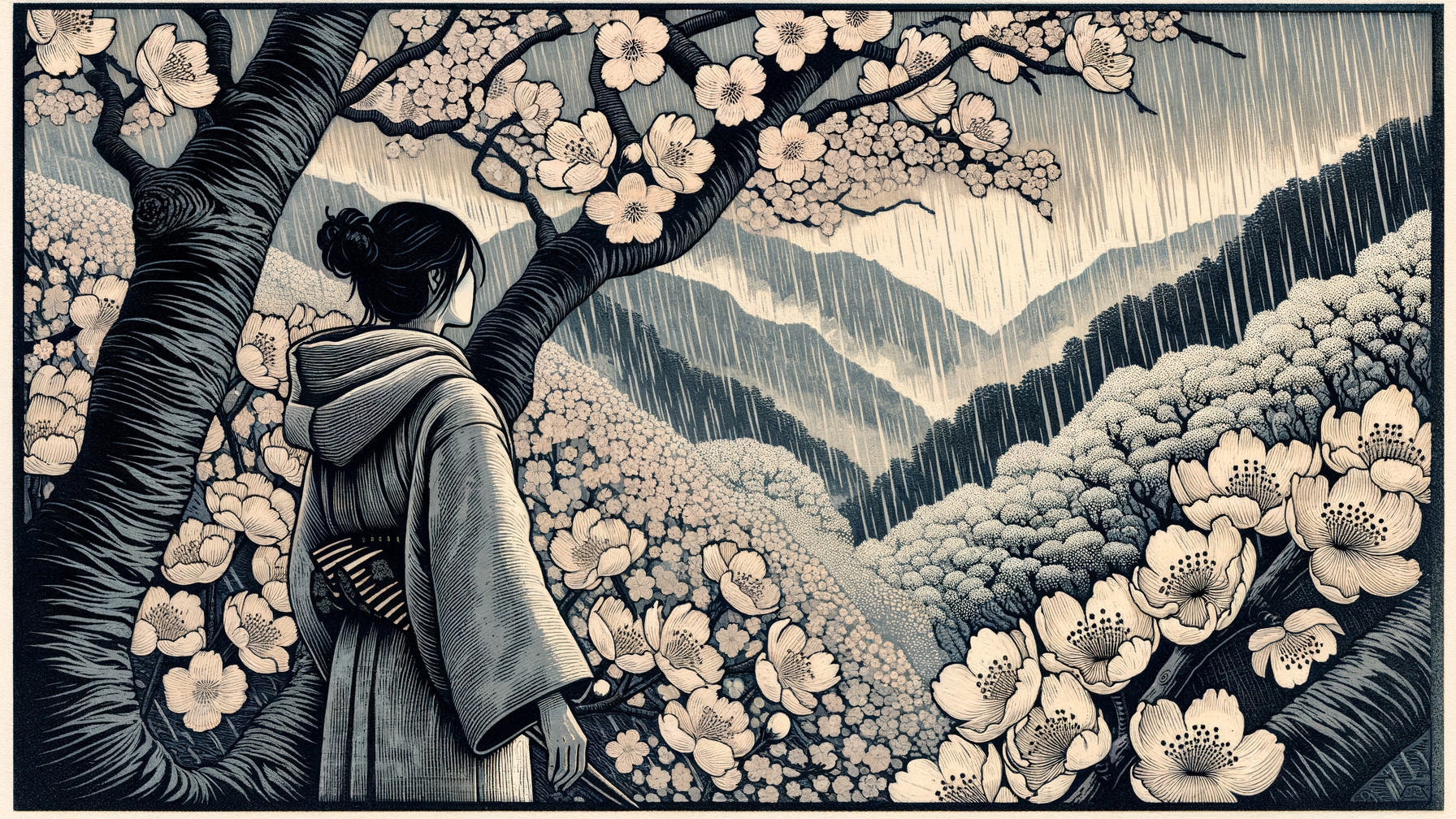 Woman in Traditional Attire Overlooking Serene Landscape