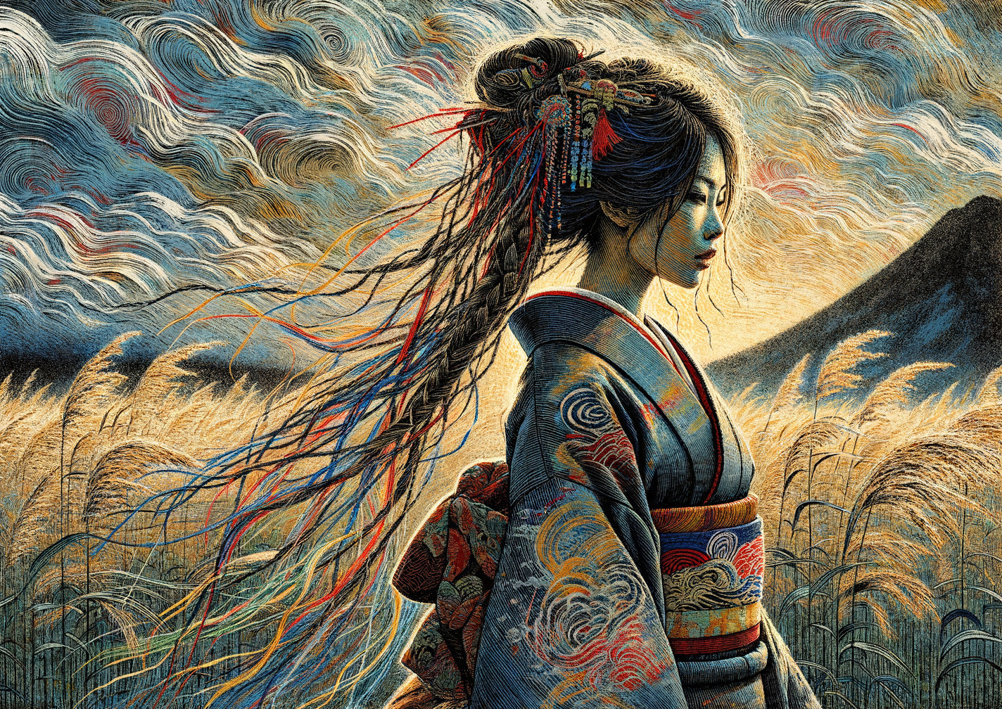 Woman in Kimono Among Grasses at Dusk