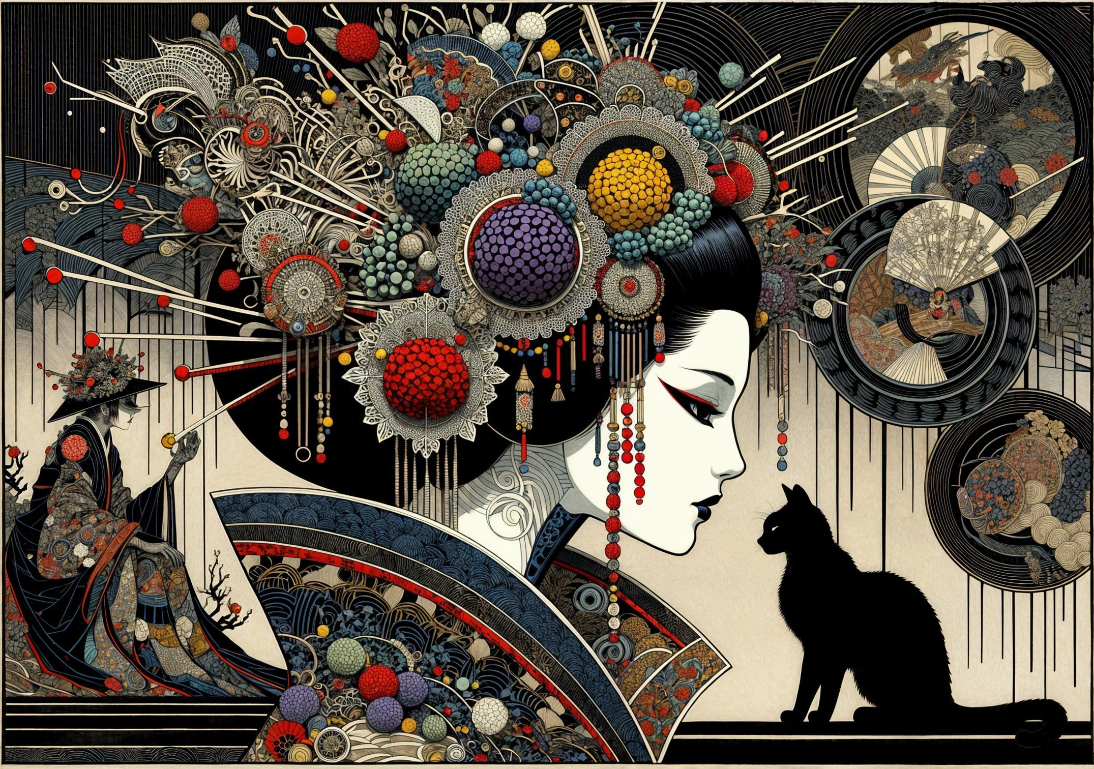 Adorned Woman with Floral Hair and Black Cat