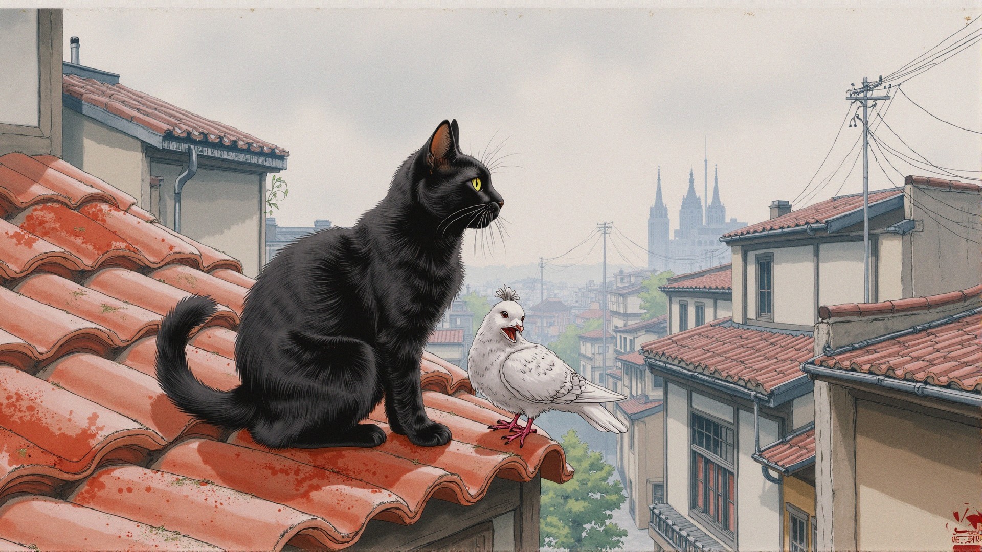 Black Cat and Pigeon on Rooftop Overlooking Cityscape