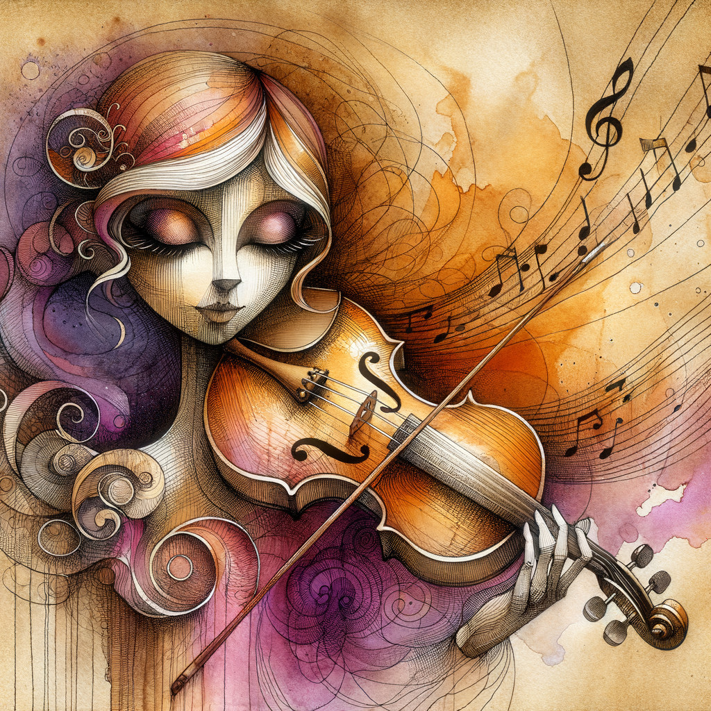 Ethereal Woman Playing Violin with Colorful Swirls