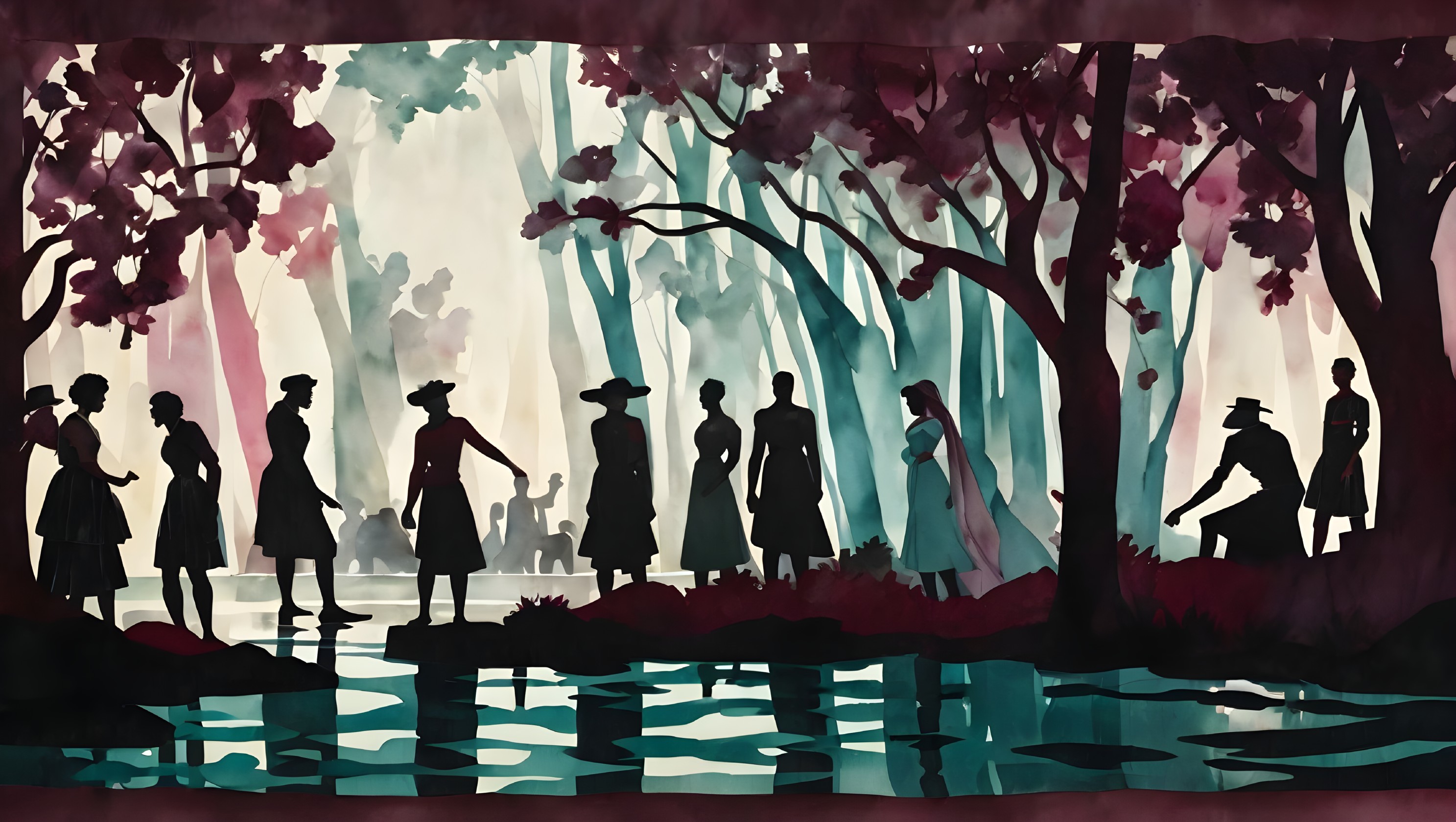 Historical figures in silhouette among cherry blossoms and misty forest pond.