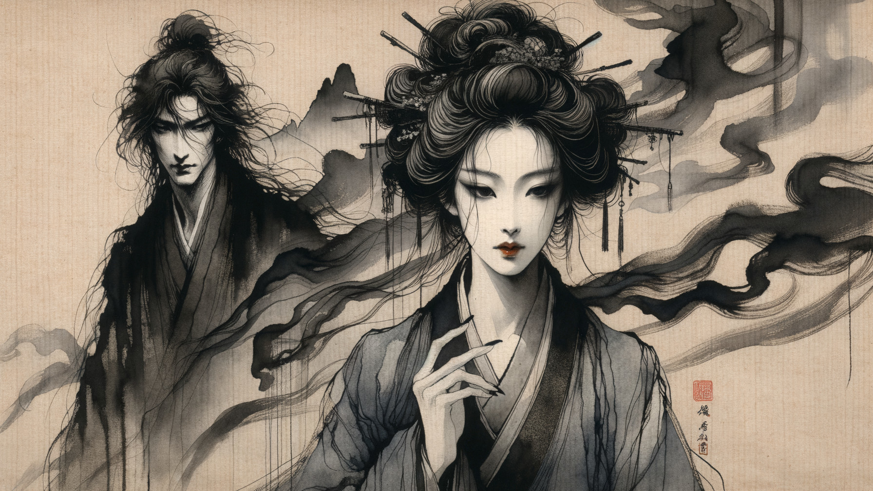 Serene Woman in Traditional Attire with Shadowy Figure