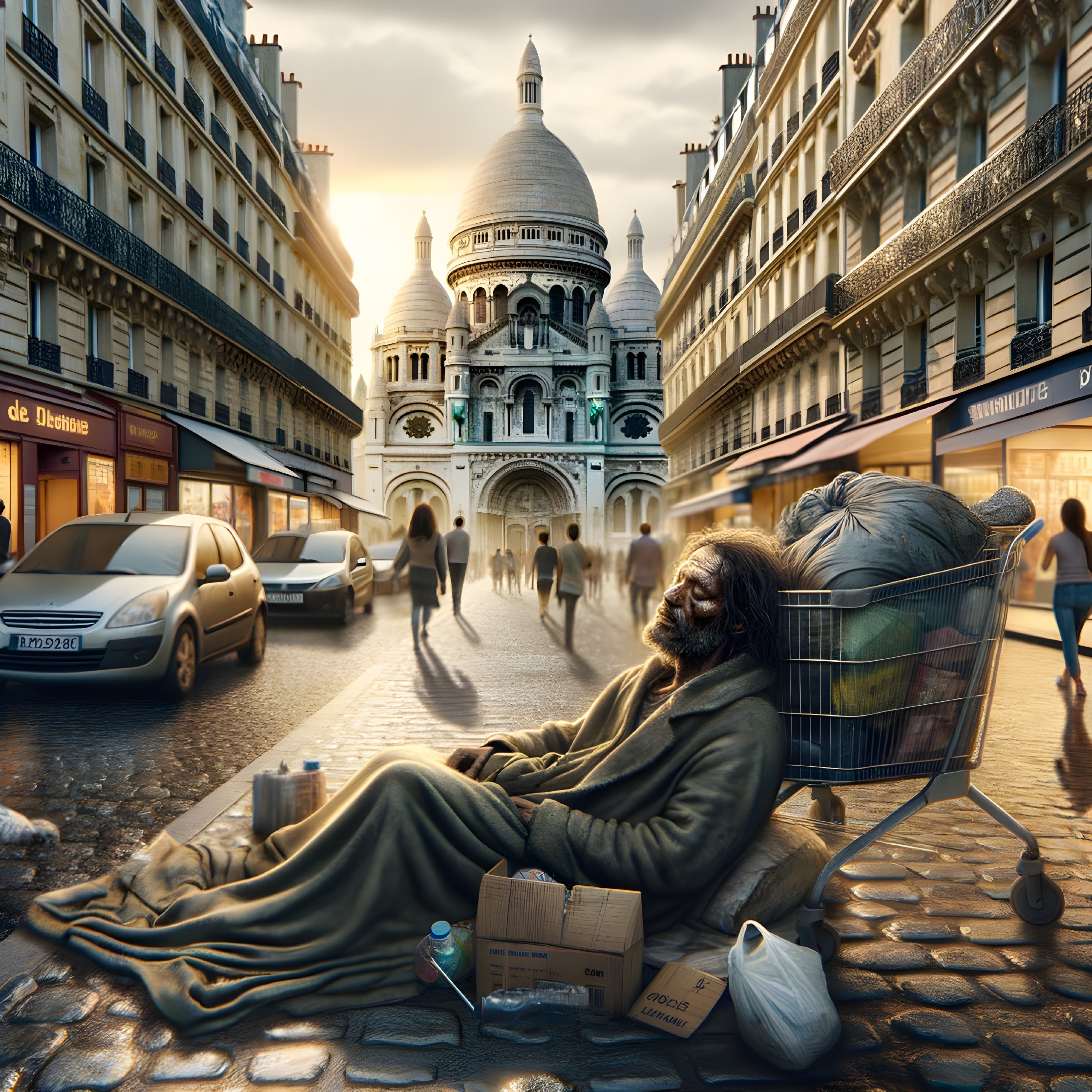Homeless Man in Paris with Sacré-Cœur in Background