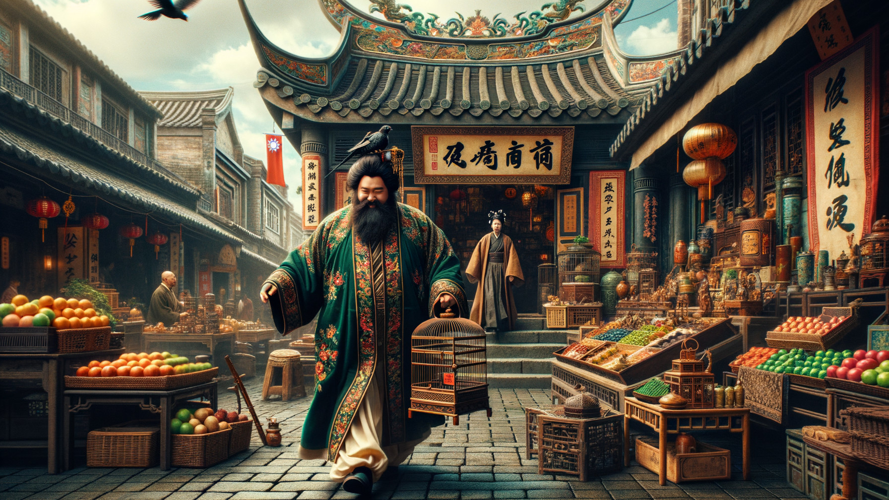 Vibrant market scene with traditional attire and stalls