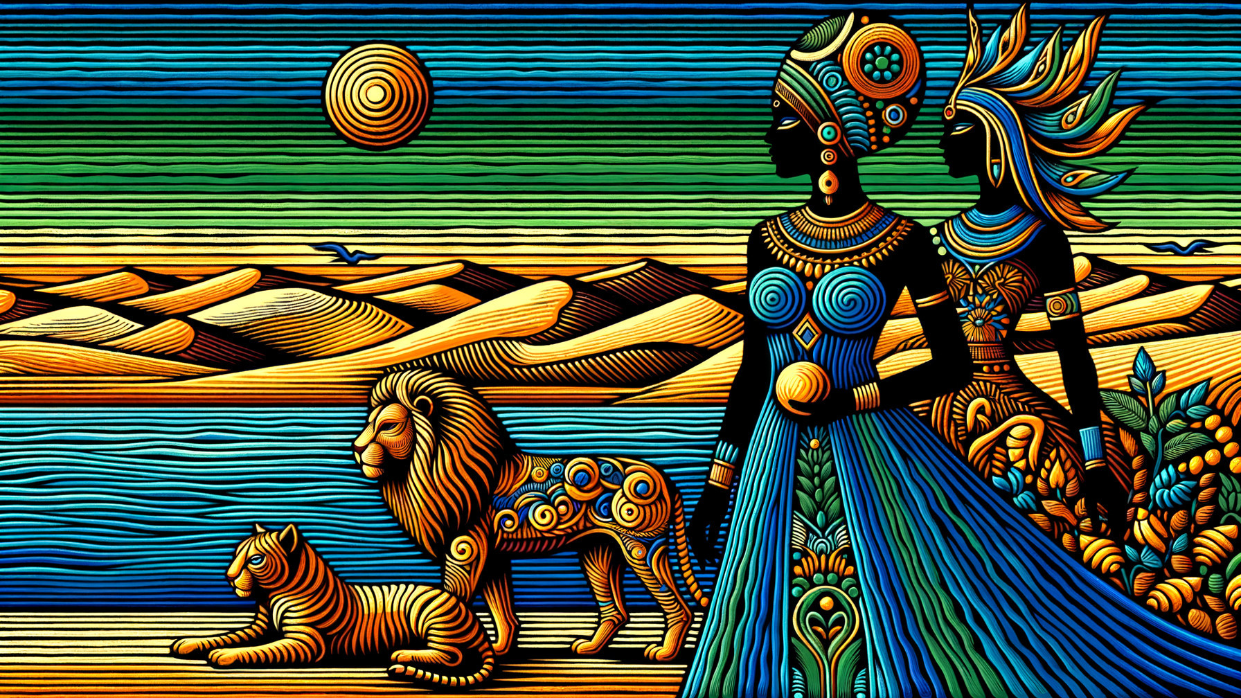 Elegant Women with Lion and Tiger by Water's Edge