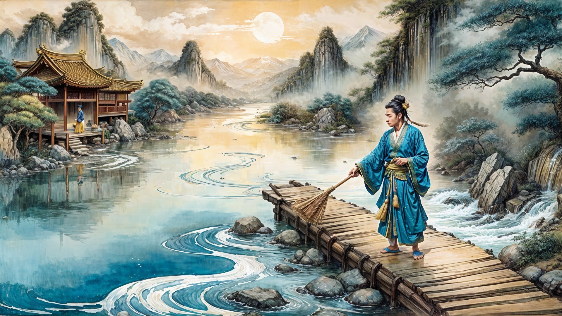 Serene landscape with river, mountains, and pavilion