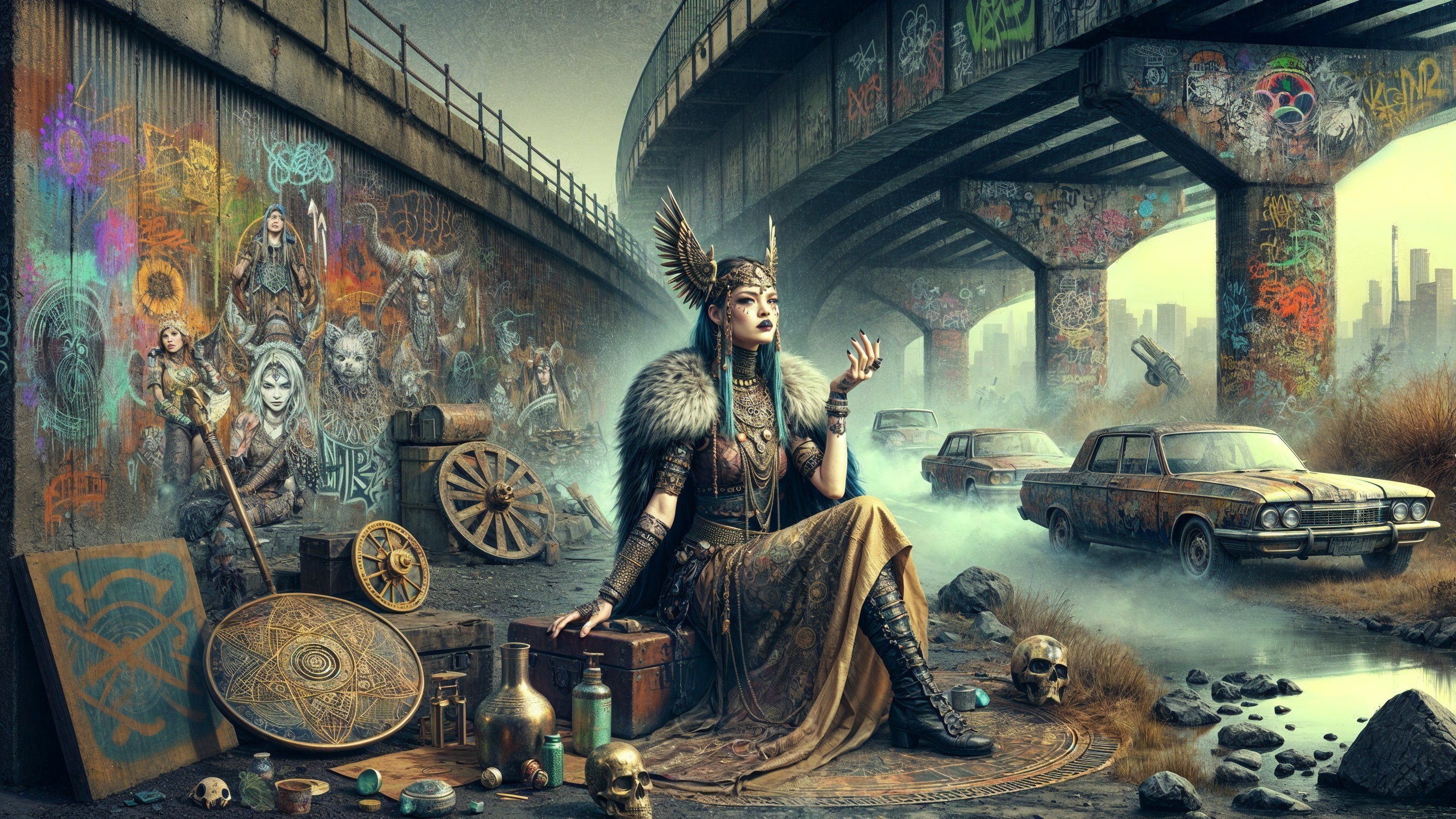 Urban Scene of Ancient and Modern Elements Under Overpass