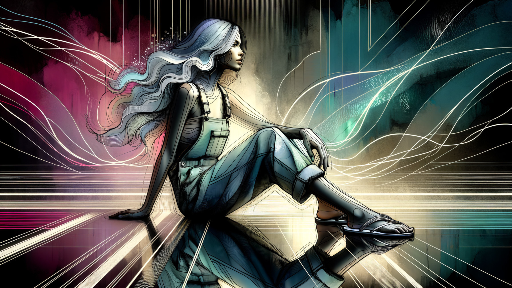 Stylish figure in overalls with vibrant abstract background