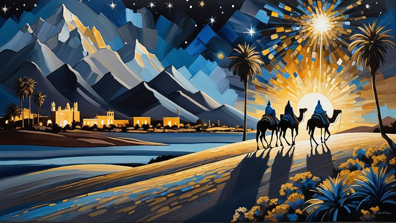 Three Camels in a Desert Landscape at Night