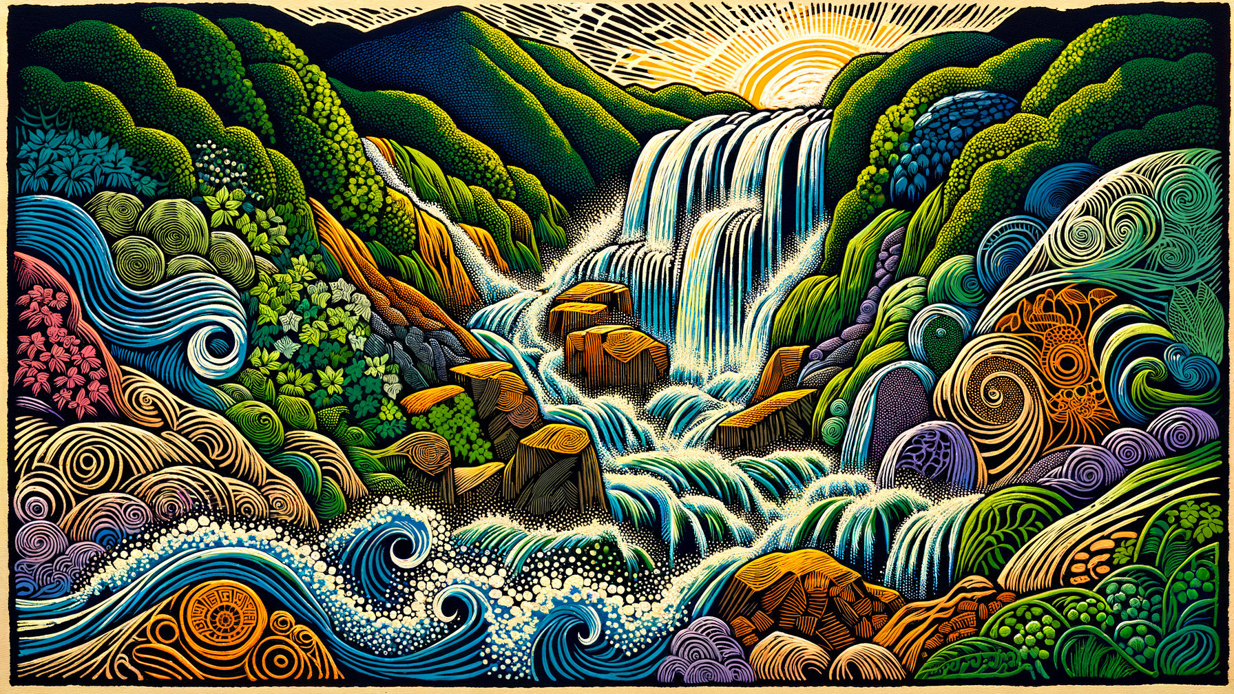 Majestic Waterfall in a Vibrant Landscape Illustration