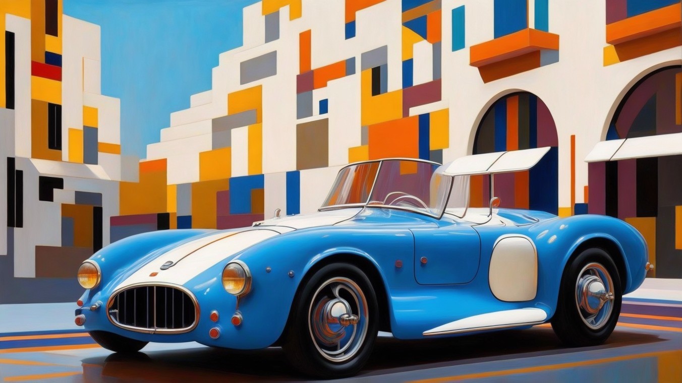 Vintage Blue Sports Car with Colorful Geometric Art