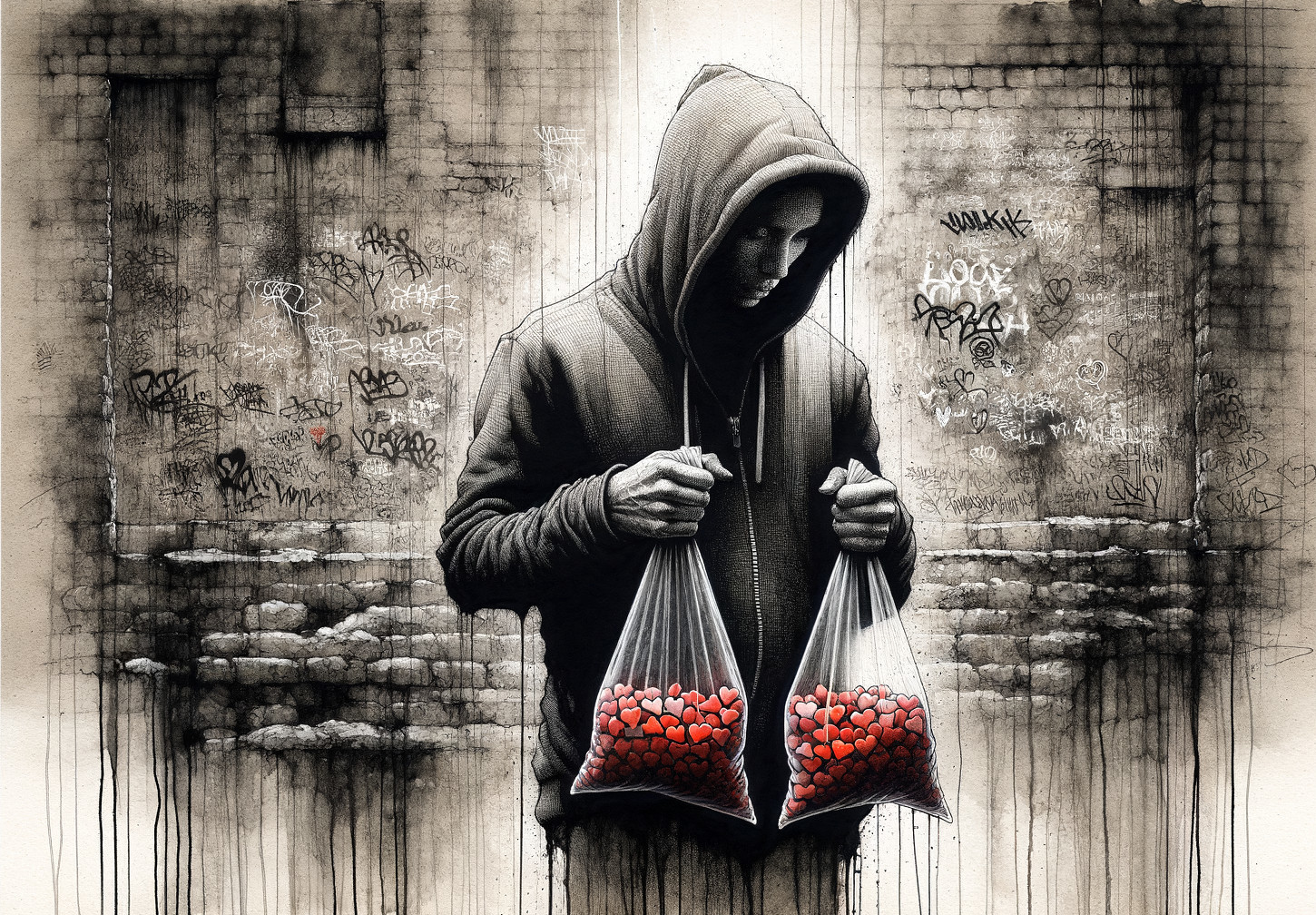 Lone Figure with Hearts in Gritty Urban Setting