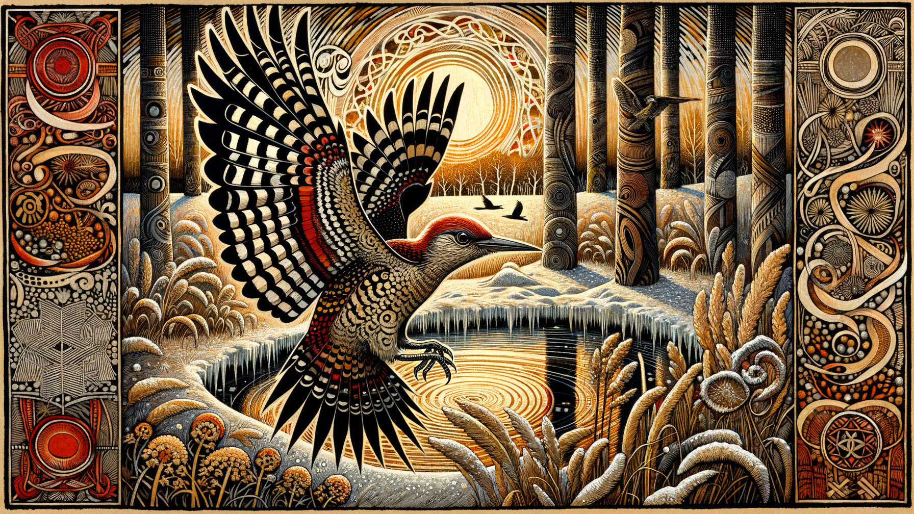 Vibrant Illustration of a Woodpecker in Serene Landscape
