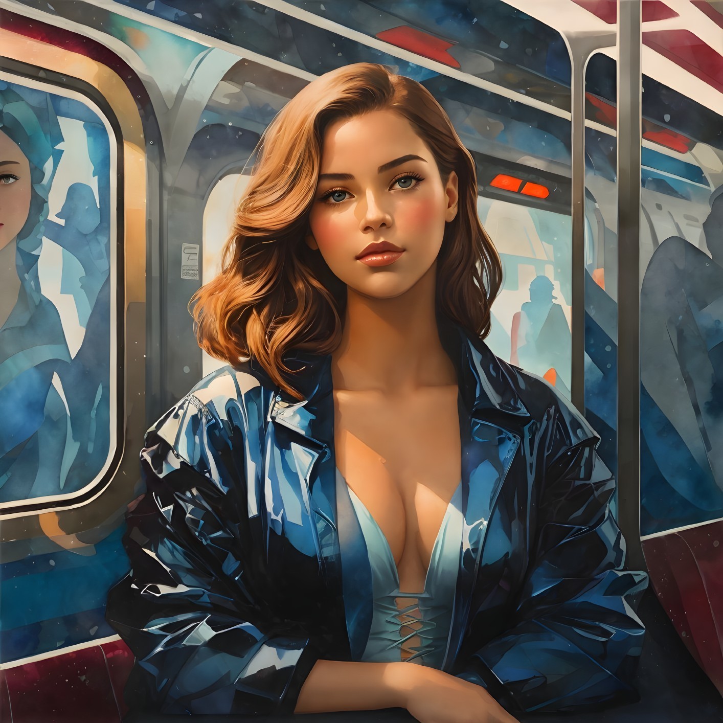 Digital painting: Woman with styled hair and makeup in blue jacket, sitting in subway car with window reflections