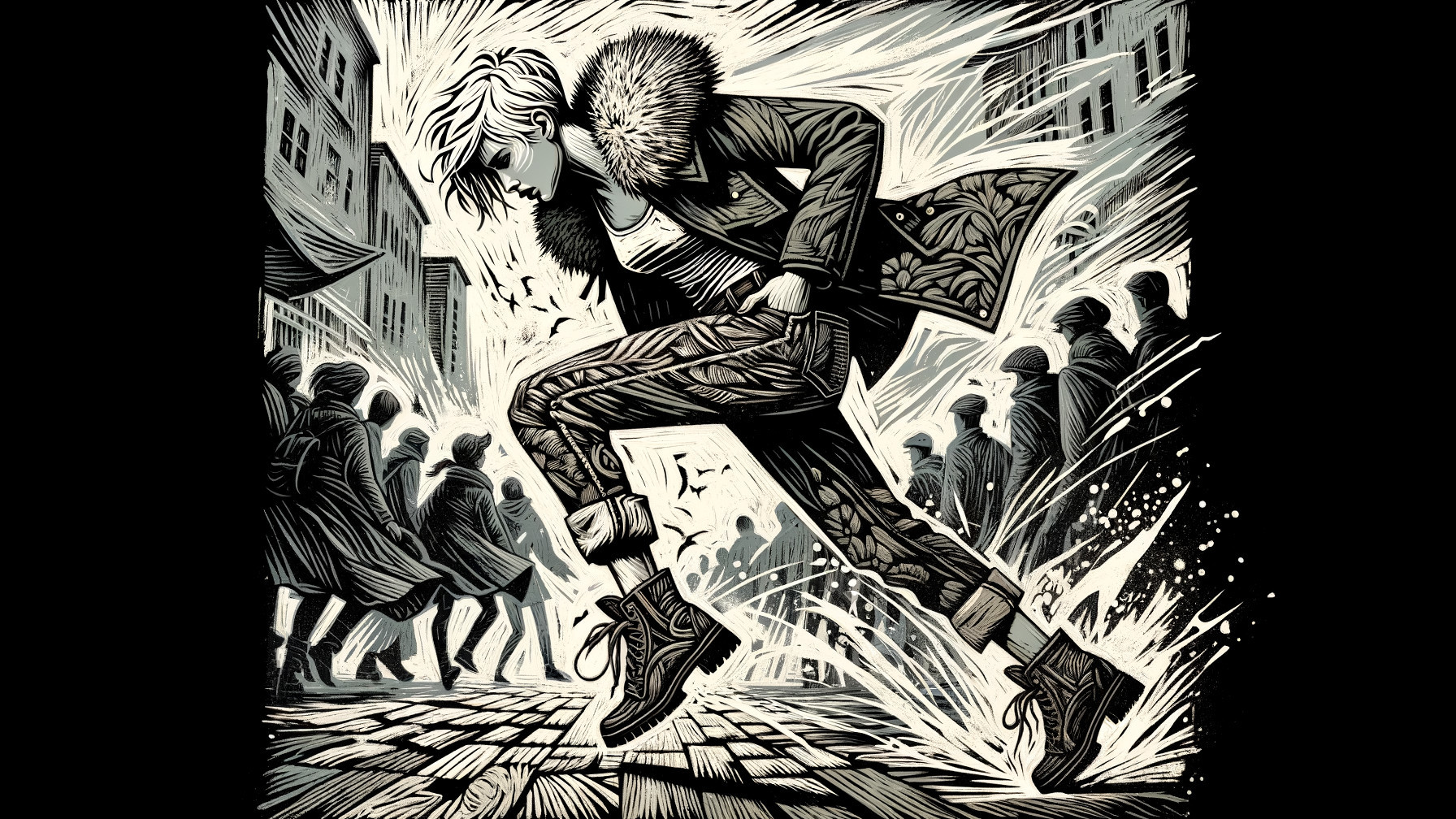 Dynamic Illustration of a Fierce Figure in Urban Setting