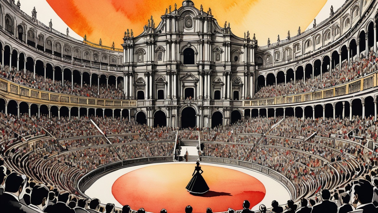 Amphitheater Scene with Diverse Audience and Sunset