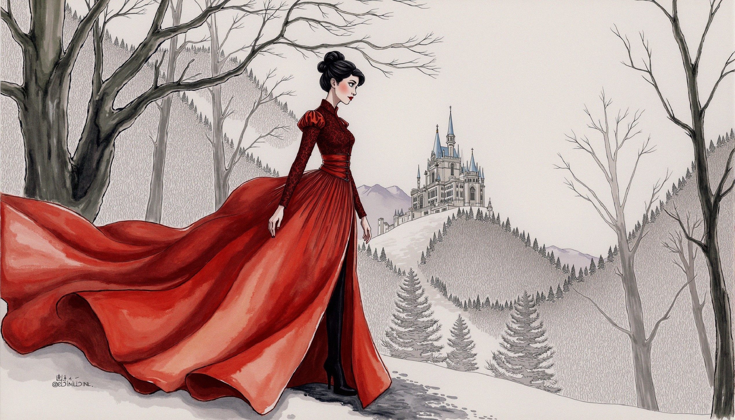 Elegant Woman in Red Gown in Snowy Landscape