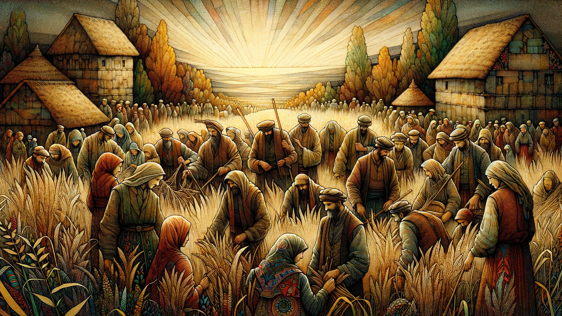 Harvesting Crops in a Golden Field with Community Scene