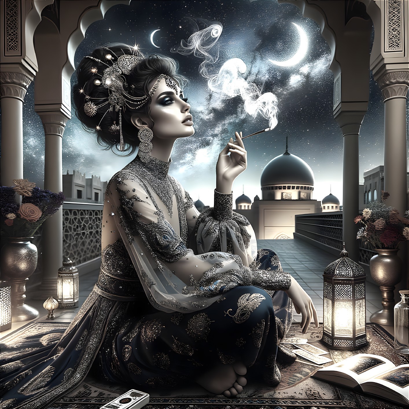 Graceful figure in ornate space with soft lighting