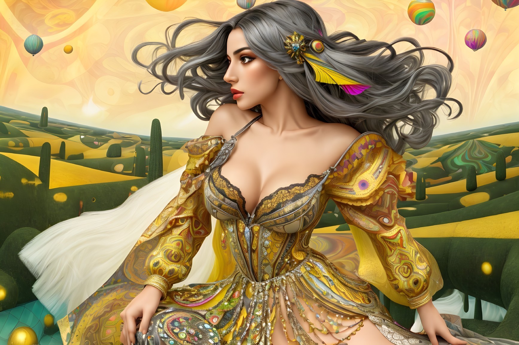 Fantasy Scene with Silver-Haired Woman in Golden Gown