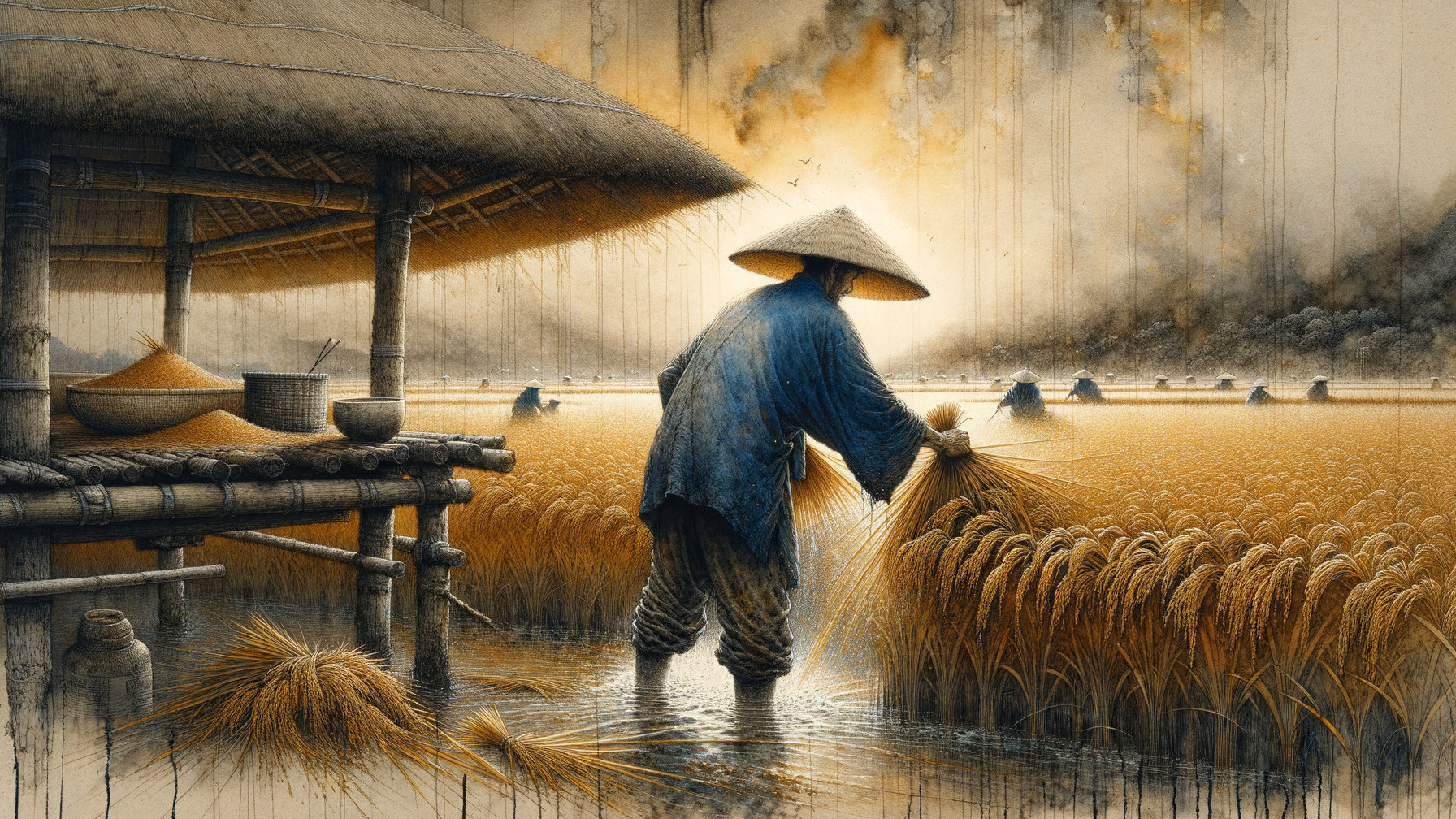 Farmer Harvesting Rice in a Sunlit Field