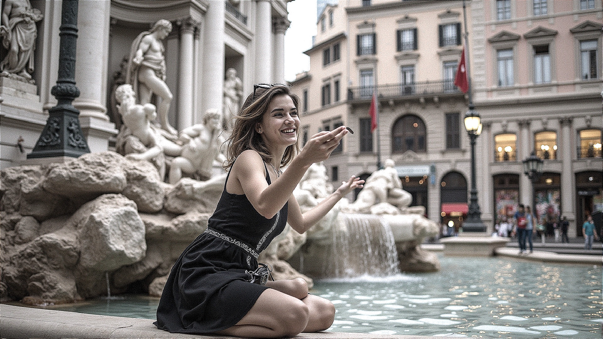 Young Woman by Fountain in Charming Plaza Setting