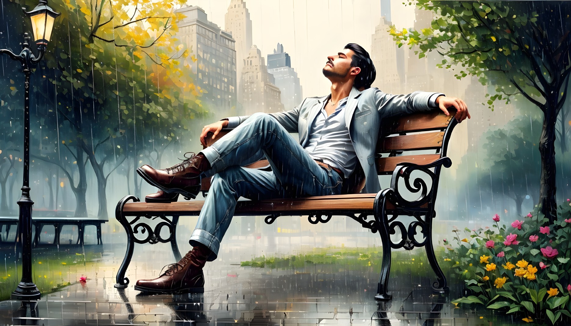 Man Relaxing on a Bench in a Serene Park Scene