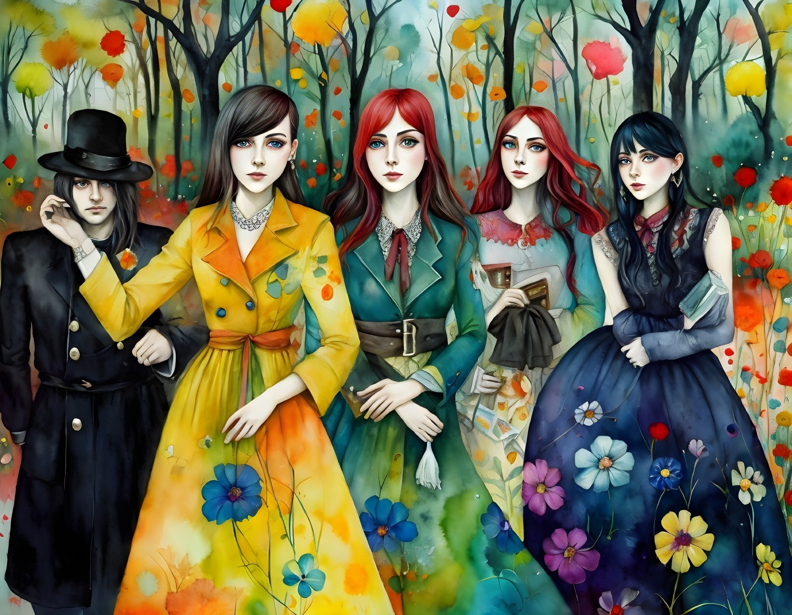 Elegant Figures in a Colorful Forest Setting
