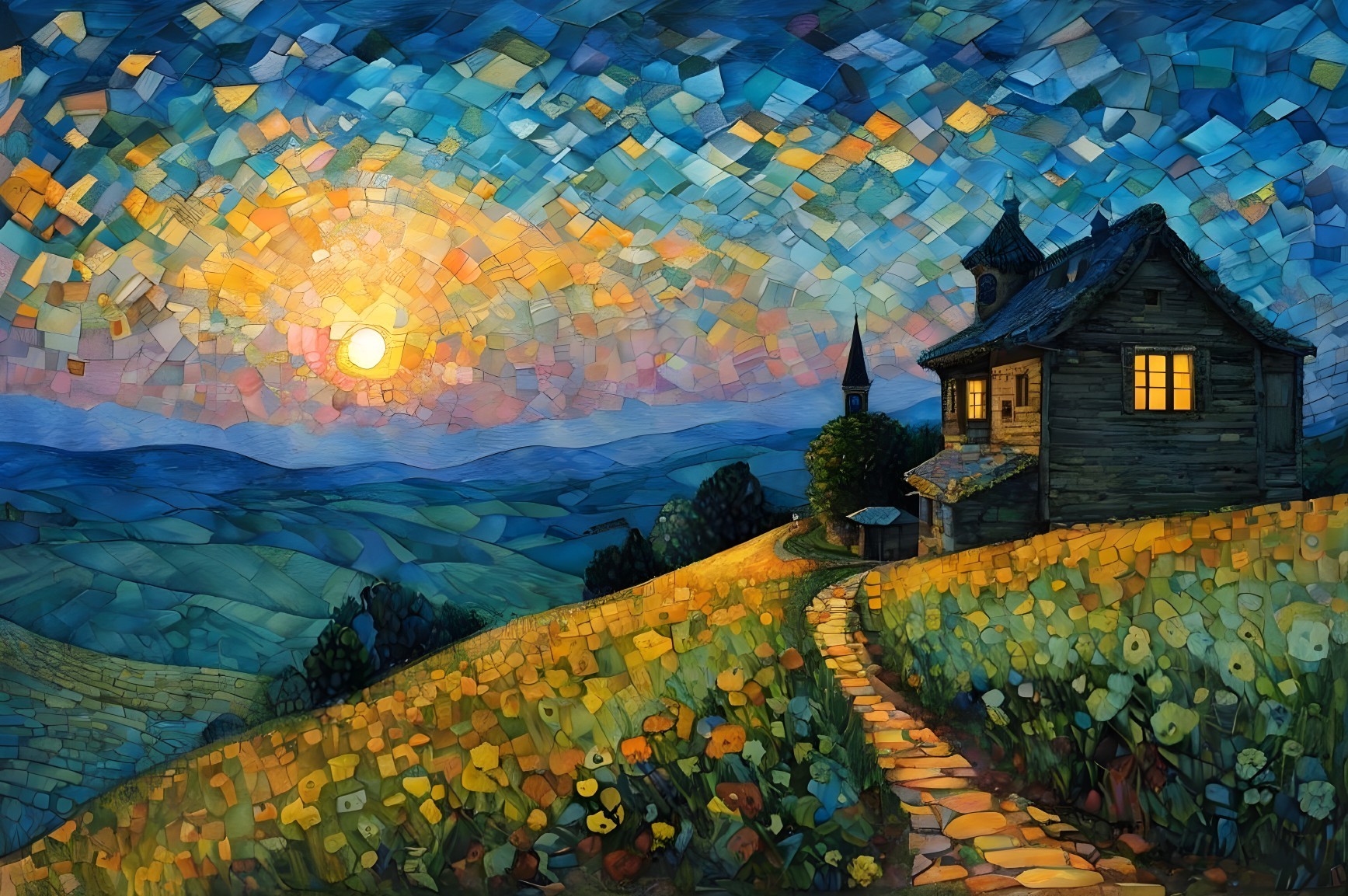 Vibrant Landscape with Wooden House and Sunset Sky