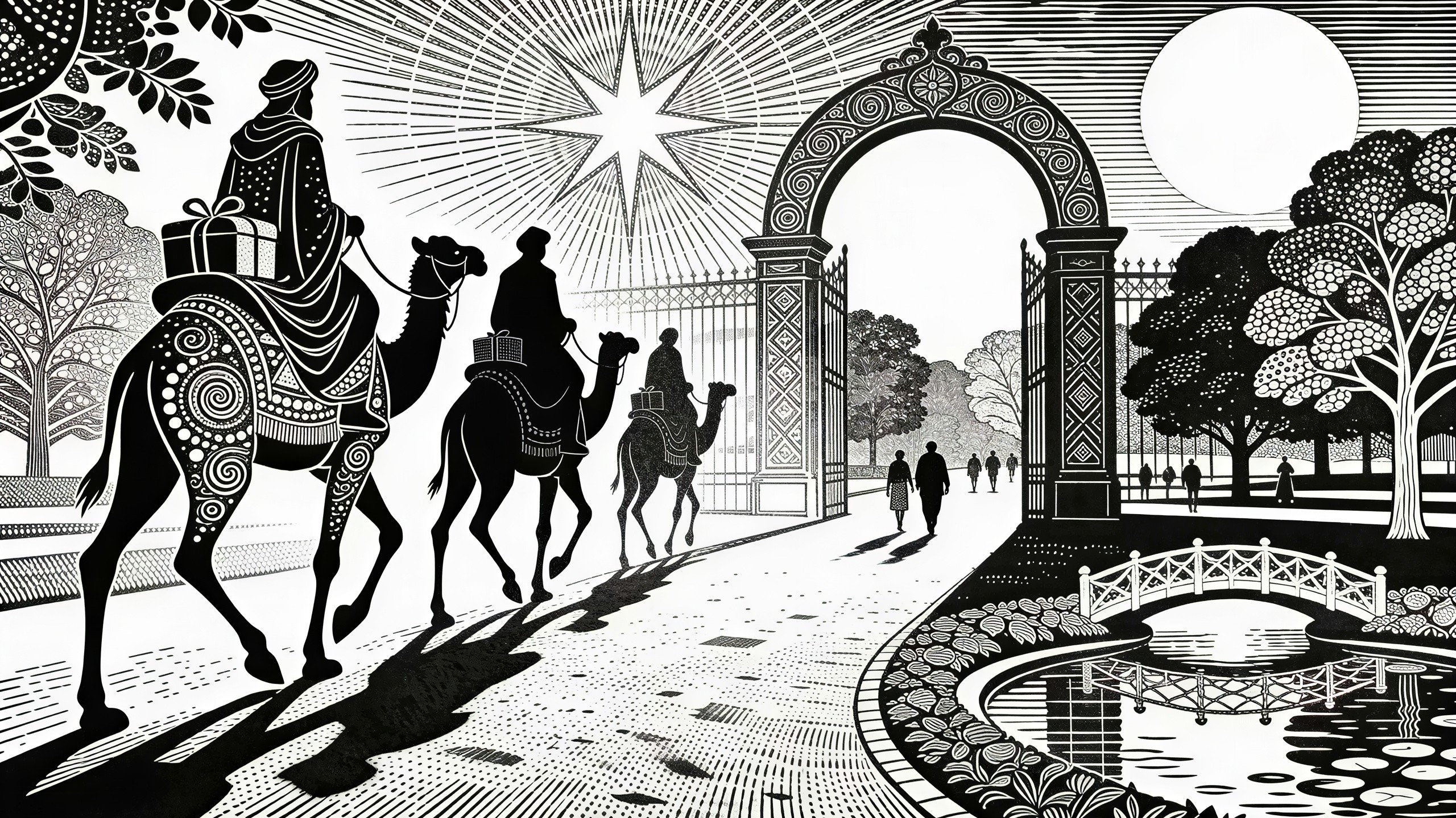 Men on Camels Approaching Ornate Gate in Illustration
