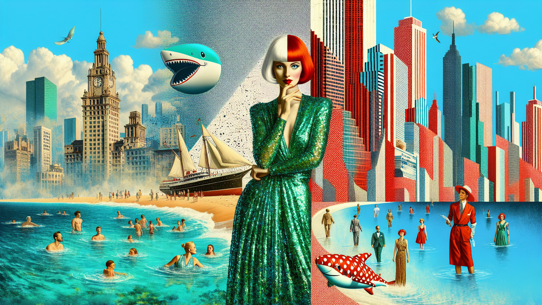 Surreal Beach Collage with Glamorous Urban Elements