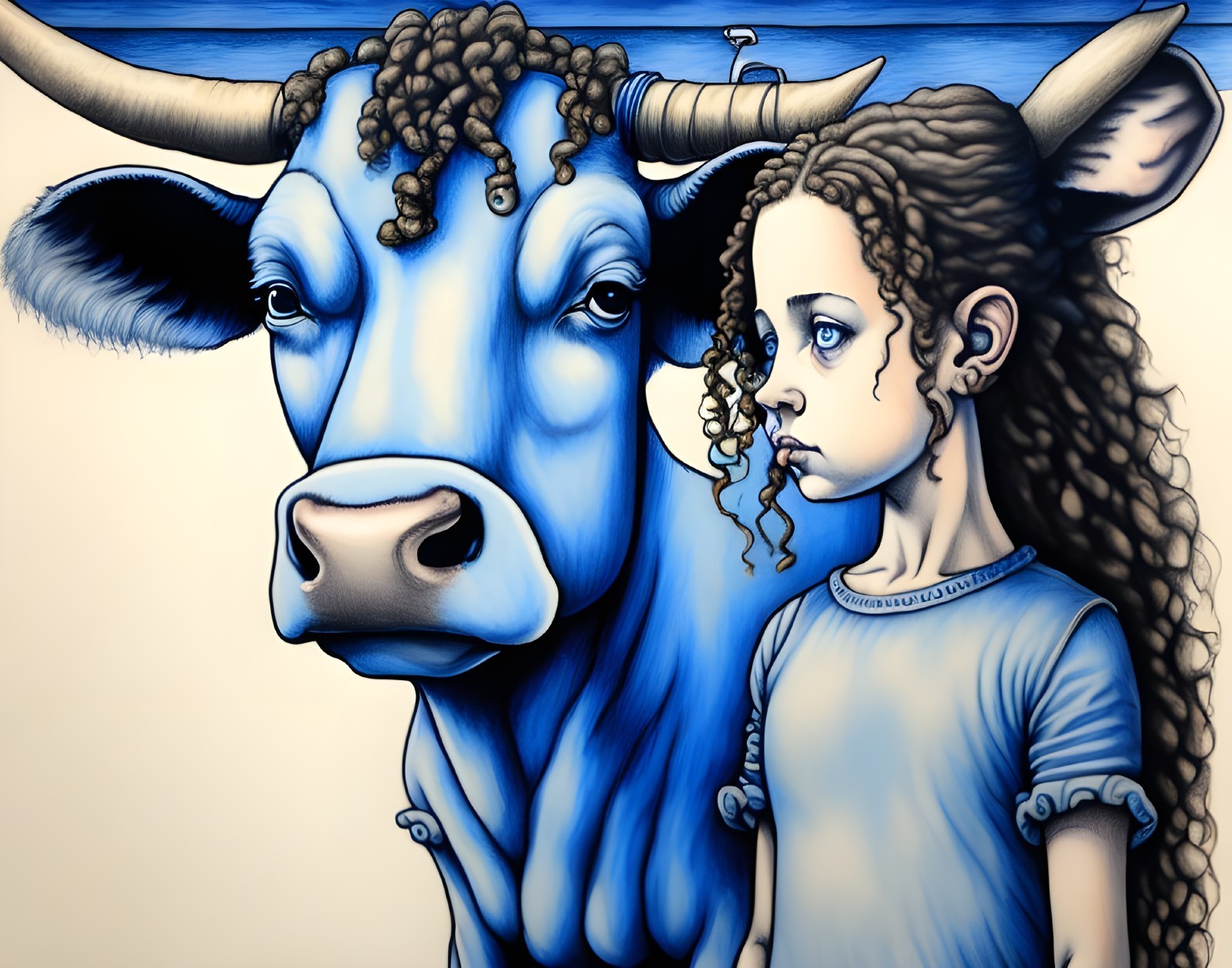 Curly-Haired Beauty and Blue Bull