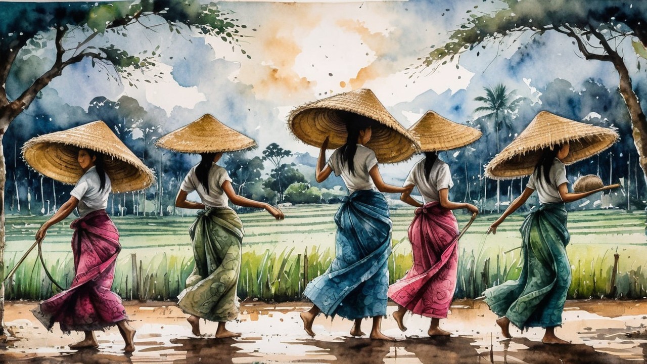 Watercolor Painting of Women in Rice Fields