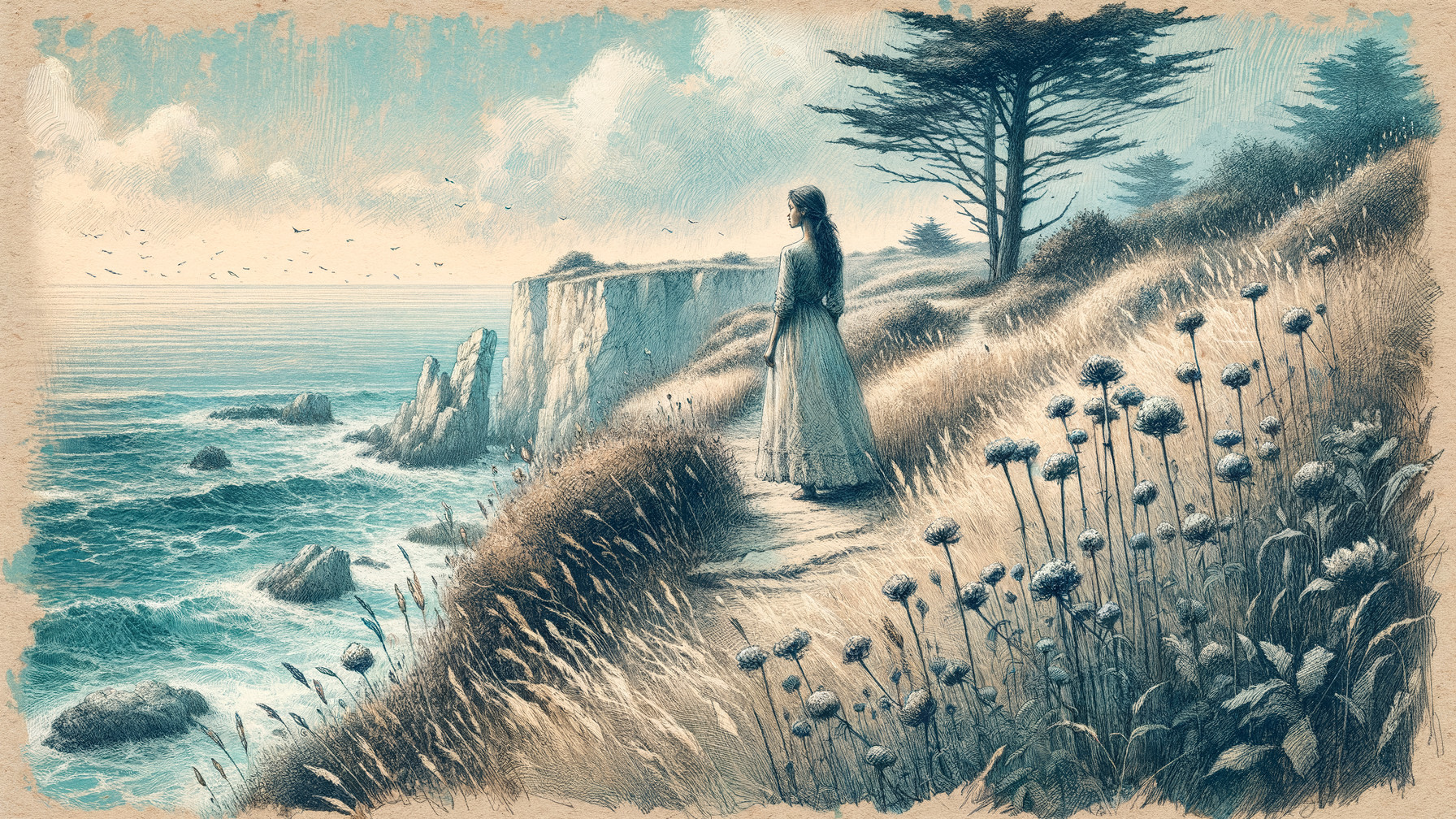 Coastal Scene with Woman on Cliffside Overlooking Ocean