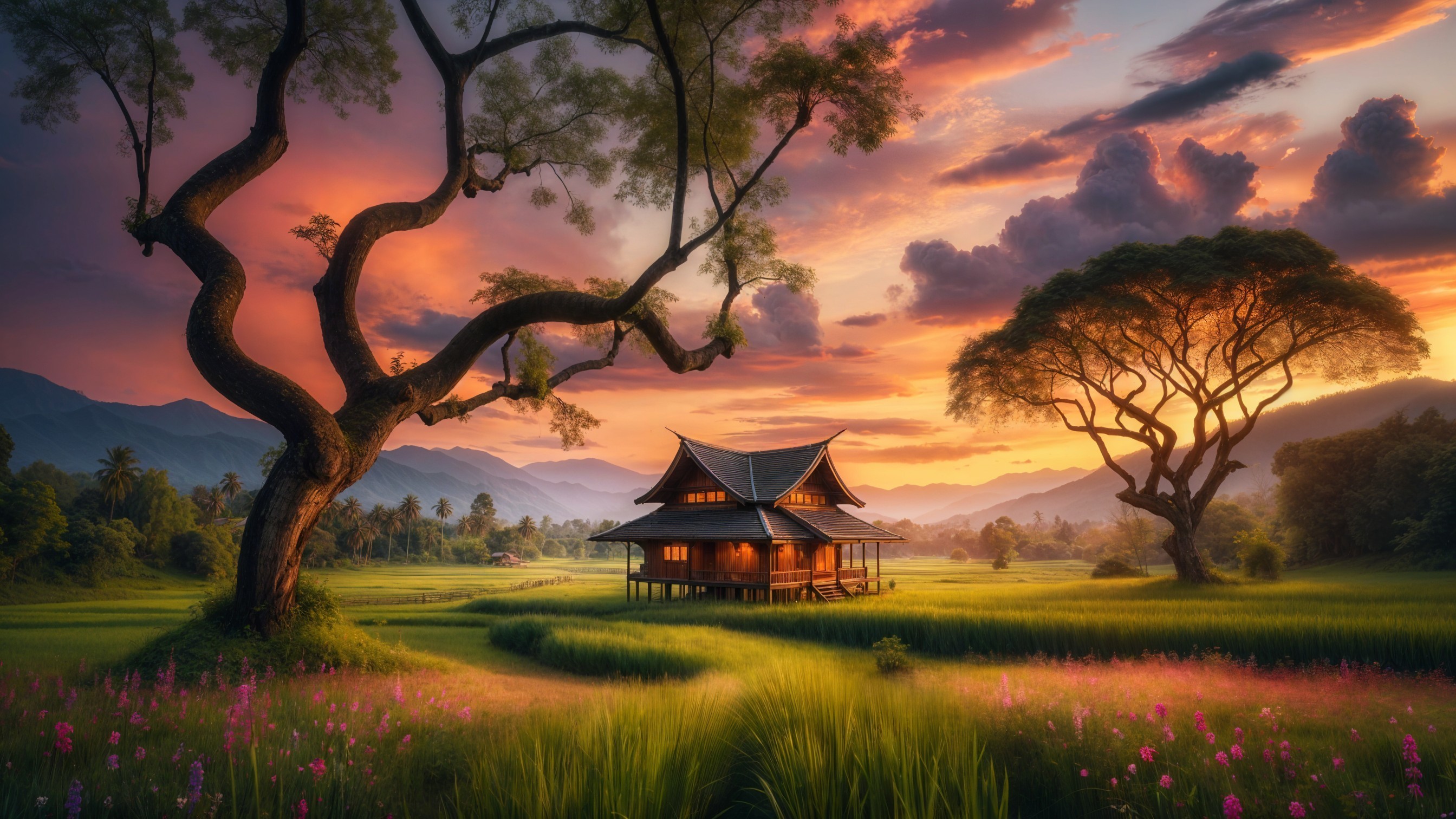 Serene Dusk Landscape with Wooden House and Sunset