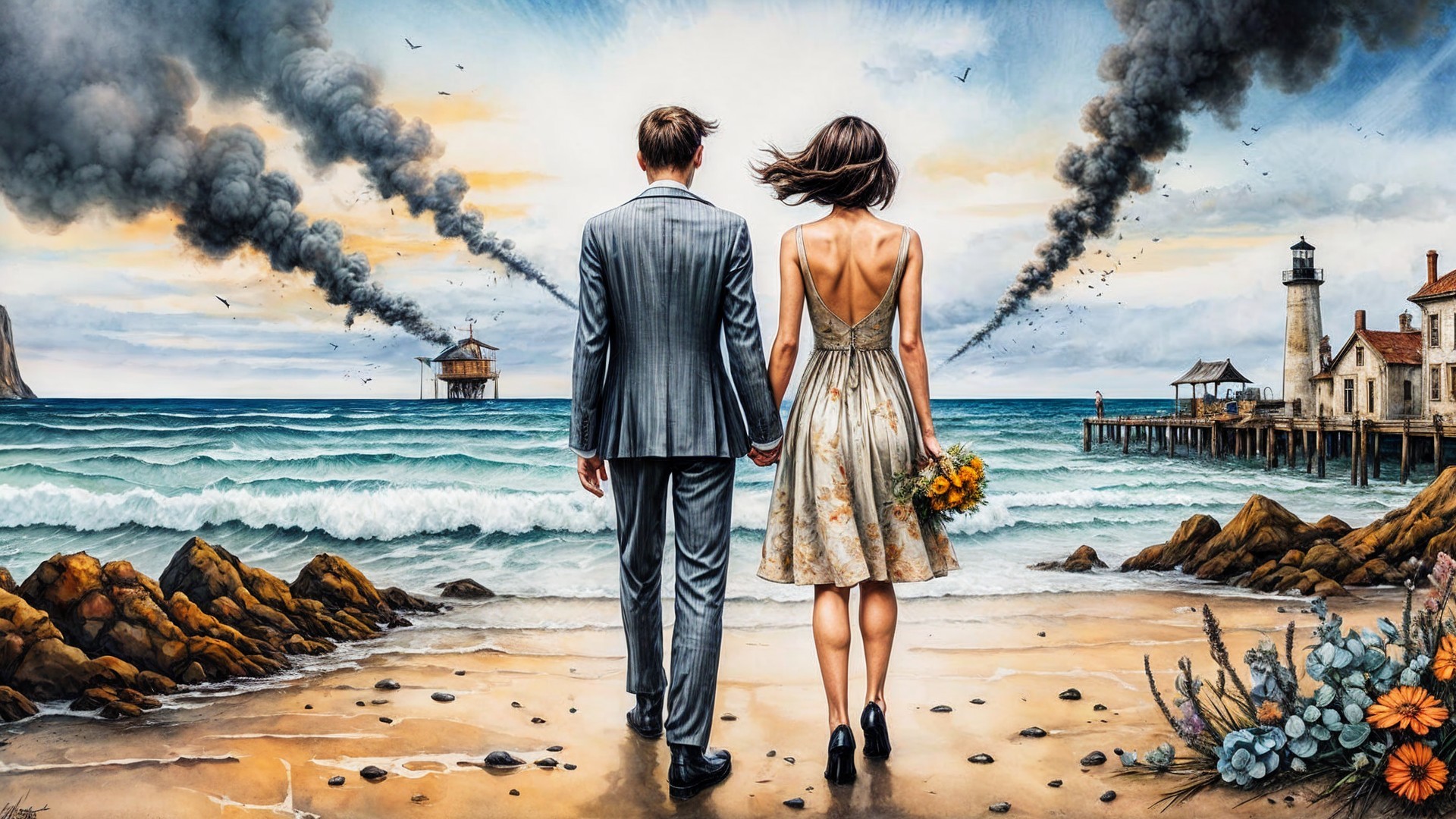Couple Walking on Beach Amidst Oil Rig Smoke