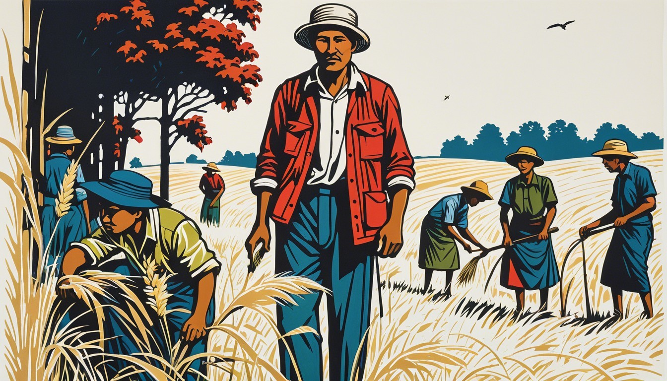 Farmers Working in a Golden Field Under Blue Sky