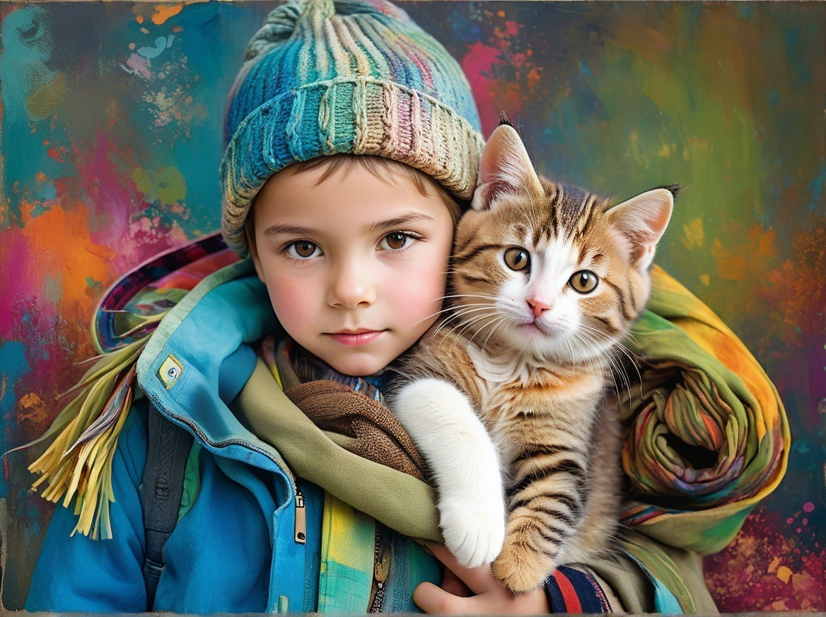 Child with tabby cat in colorful artistic background