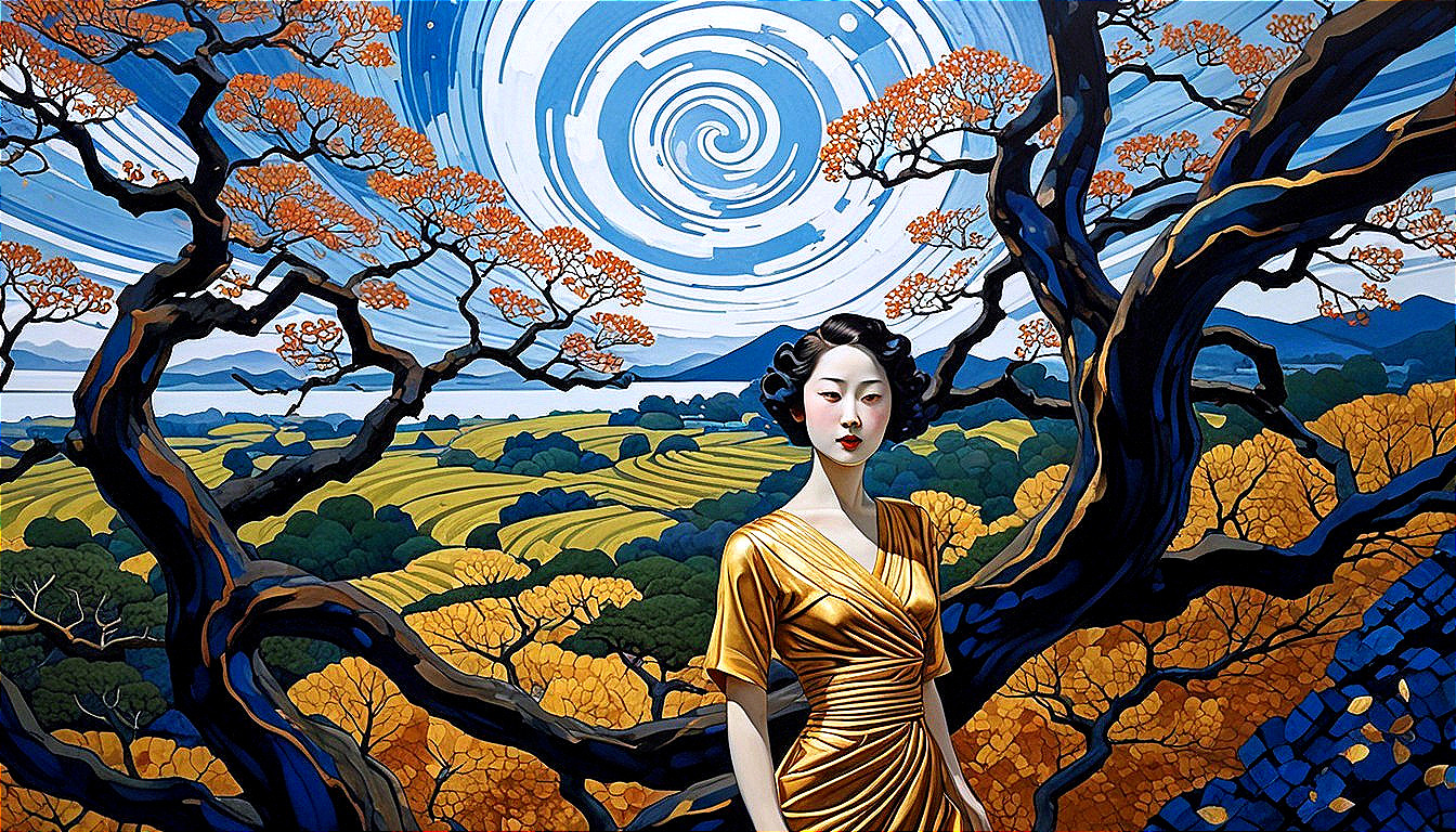 Painting of a Woman in Gold Dress in Vibrant Landscape